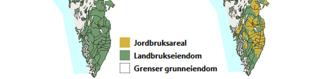 Figur 2.4.a: Landbrukseiendommer Figur 2.4.b: Landbrukseiendommer og jordbruksareal i AR5 Figur 2.4.a viser landbrukseiendommer i Frogn kommune (valgt eksempel) med eiendomsgrenser fra 2019.