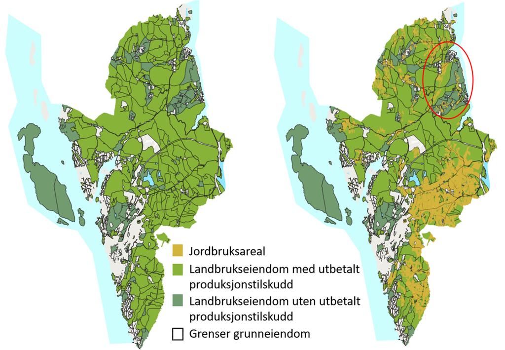 Figur 2.5.a viser landbrukseiendommer der det er utbetalt produksjonstilskudd med lys grønn.