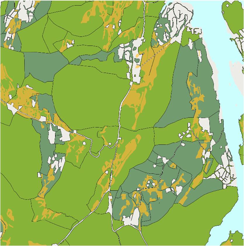 I området markert med rød sirkel er det kartlagt jordbruksareal i AR5 