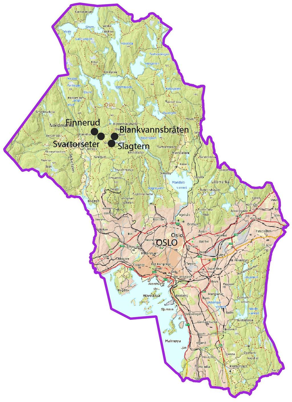 Figur 2. Oslo kommune, med plasseringen av de fire Nordmarksplassene Blankvannsbråten, Finnerud, Slagtern og Svartorseter markert.