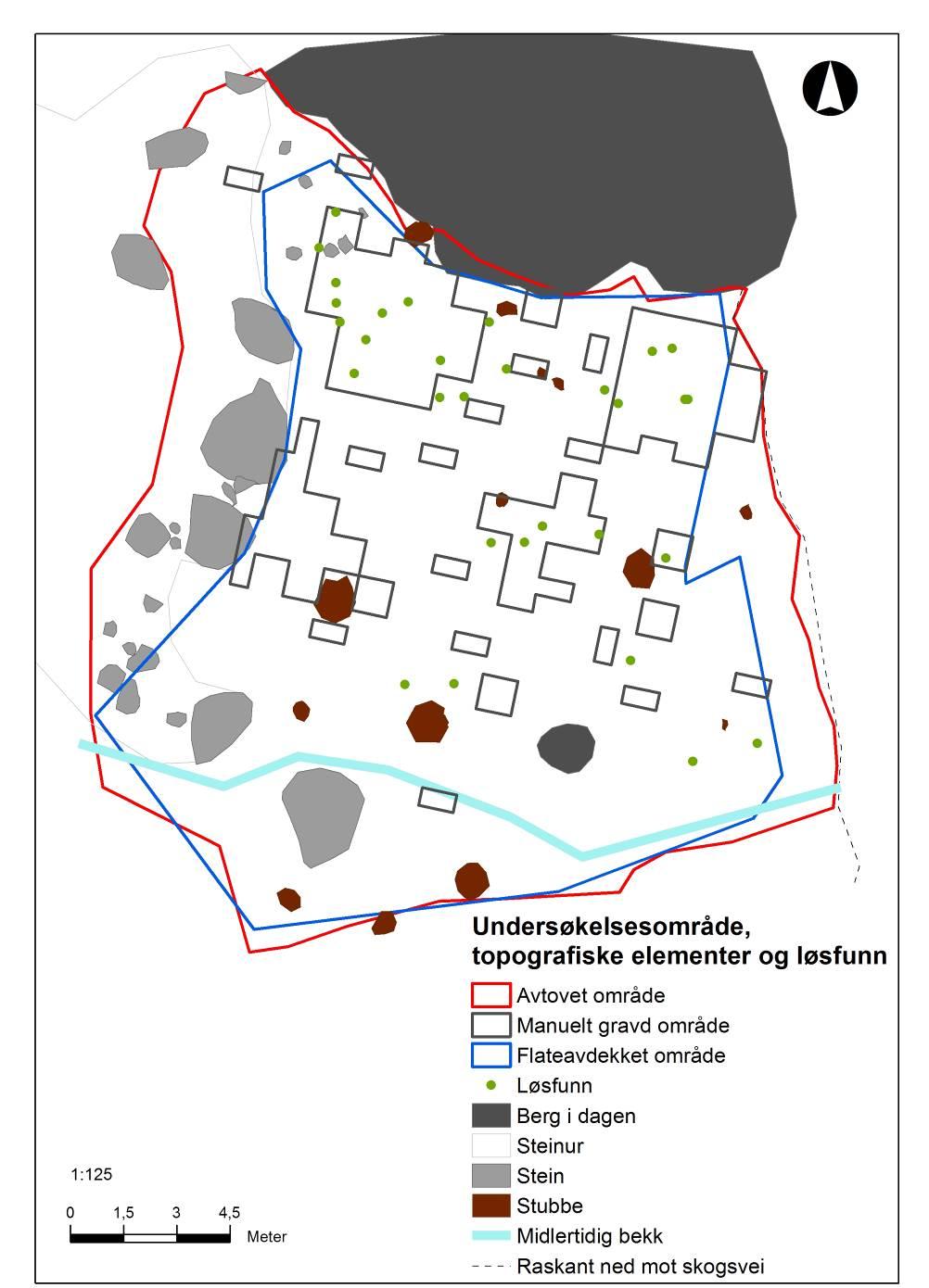 Figur 9: Undersøkelsesområde og løsfunn. Ill. v/c. Eymundsson 2014.