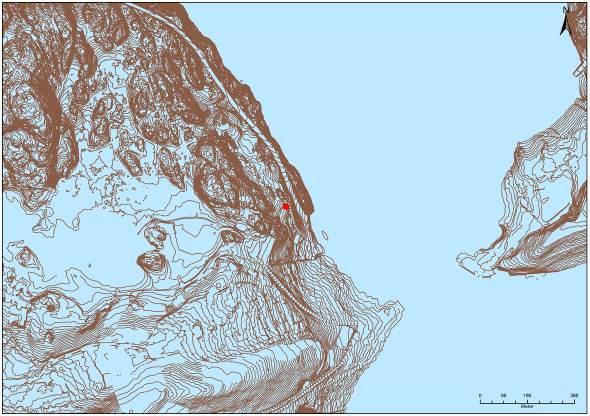 Figur 36: Samlede kalibreringskruver for dateringer fra ildsted S10520. https://c14.arch.ox.ac.uk/oxcal/oxcal.html Figur 37: til venstre: lokalitetens plassering ved vannstand på 45 moh.