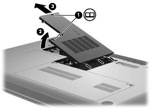 8. Ta dekselet til minnemodulrommet (2) av datamaskinen. 9. Hvis du bytter ut en minnemodul, tar du ut den eksisterende minnemodulen: a.