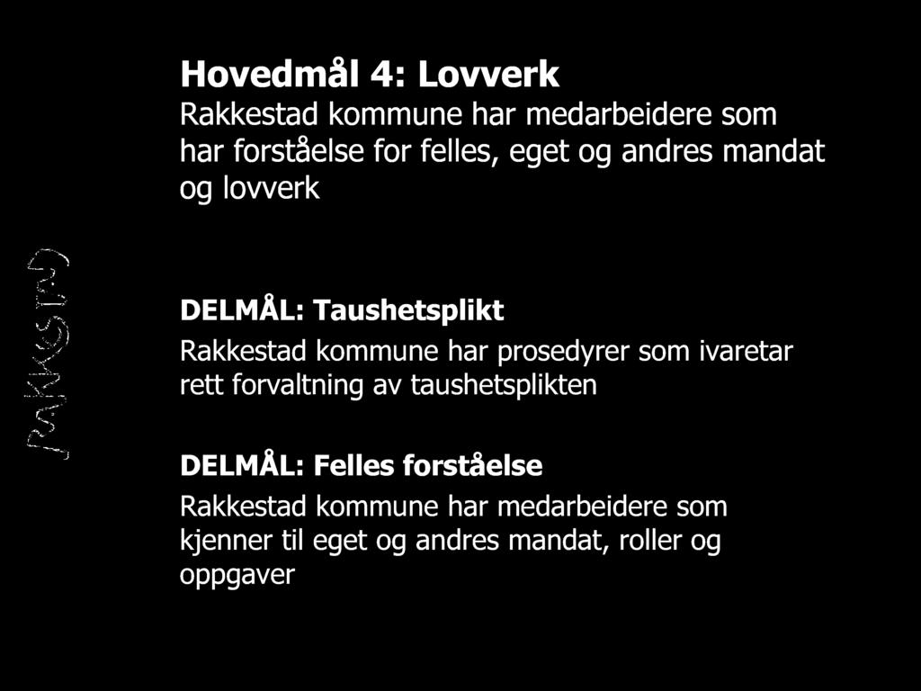 Hovedmål 4 : Lovverk Rakkestad kommune har medarbeidere som har forståelse for felles, eget og andres mandat og lovverk DELMÅL: Taushetsplikt Rakkestad kommune har