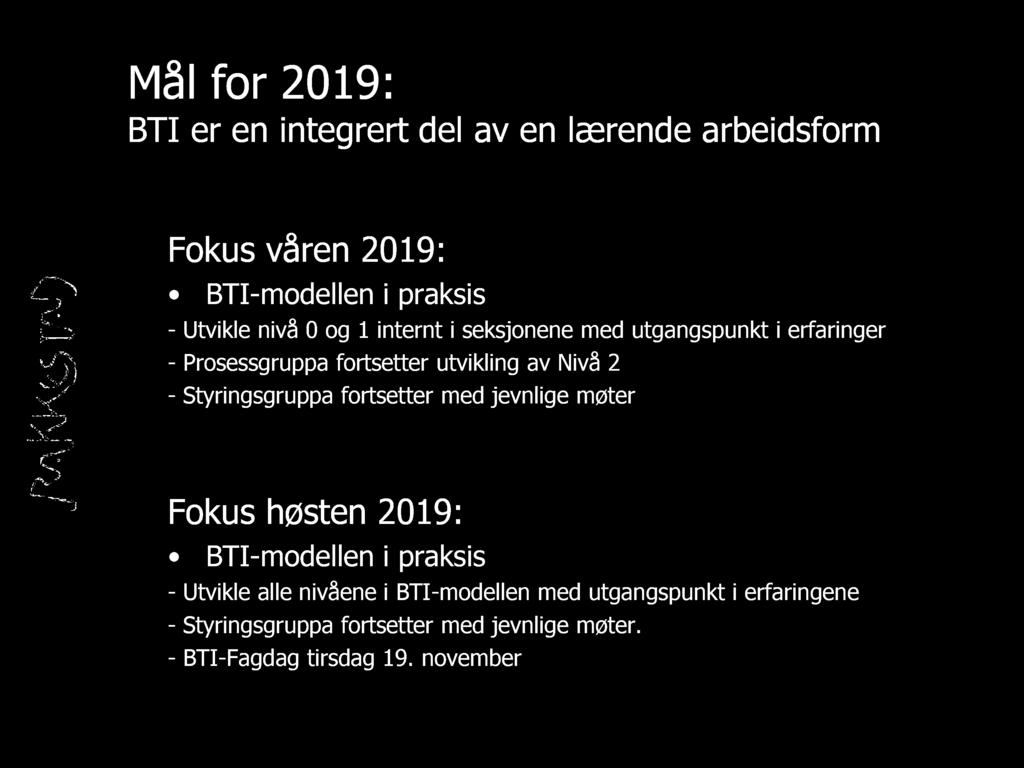 Styringsgruppa fortsetter med jevnlige møter Fokus høsten 2019 : BTI - modellen i praksis - Utvikle alle nivåene i BTI