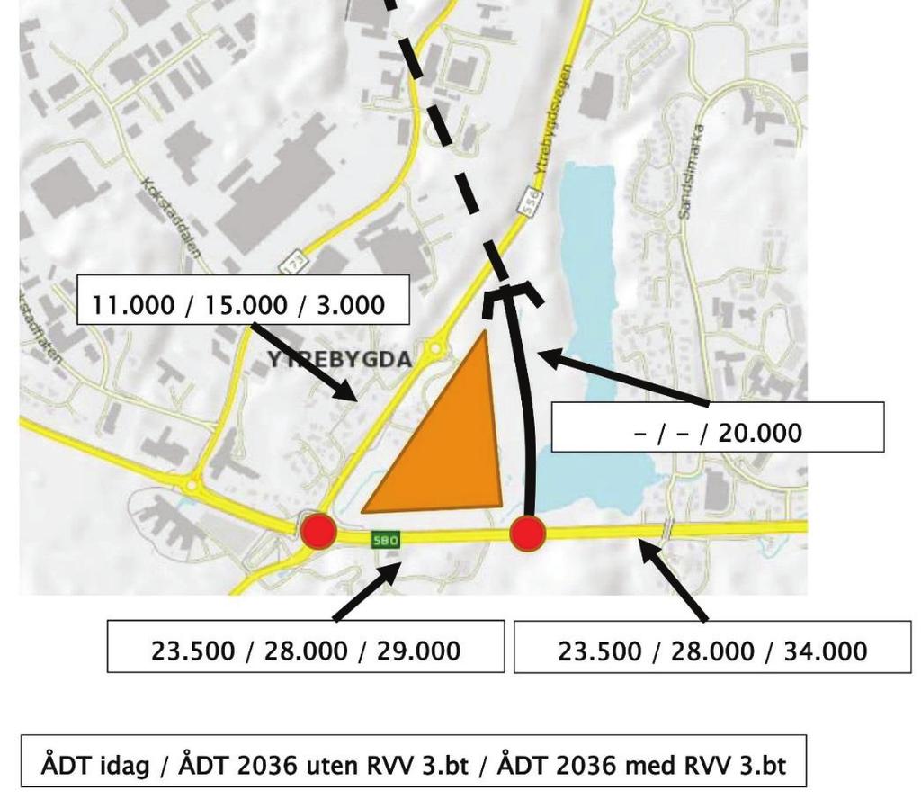 Scenario 2 Statens vegvesen har gjennomført trafikkmodellberegninger i forbindelse med utredningen av Ringveg vest (RVV), byggetrinn 3. Resultater fra beregningene er vist i figur 4.