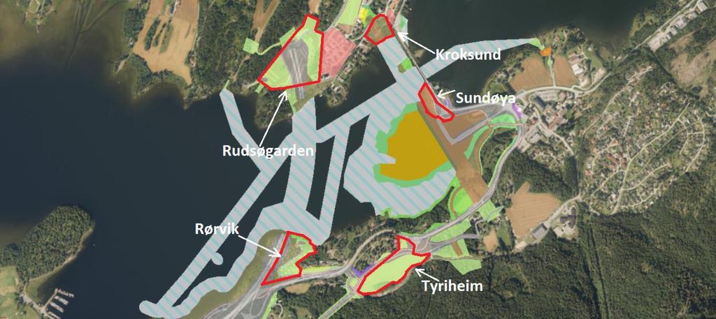 16 av 80 Midlertidige anlegg Det er planlagt større riggområder ved Rørvik (ca. 20 daa.), Tyriheim (ca. 35 daa.), Sundøya (ca. 9 daa), Kroksund (ca. 10 daa.) og Rudsøgarden (ca. 50 daa).