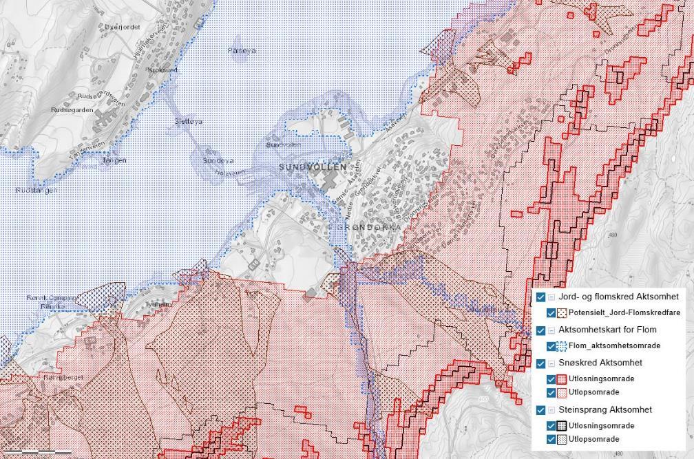 46 av 80 Sårbarhetsvurdering skredfare Ifølge kartinnsynsløsningen til DSB og NVE atlas er området rundt tunnelpåhugget på Sundvollen omfattet av aktsomhetssoner for både steinsprang, snøskred og