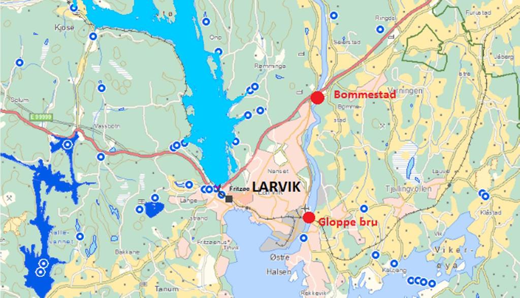 Fra bru der E 18 krysser Bybebyggelsen i Larvik ligger nedstrøms prøvestedet. Numedalslågen Oppstrøms prøvestedet er det spredt bebyggelse, lite er avkloakkert.