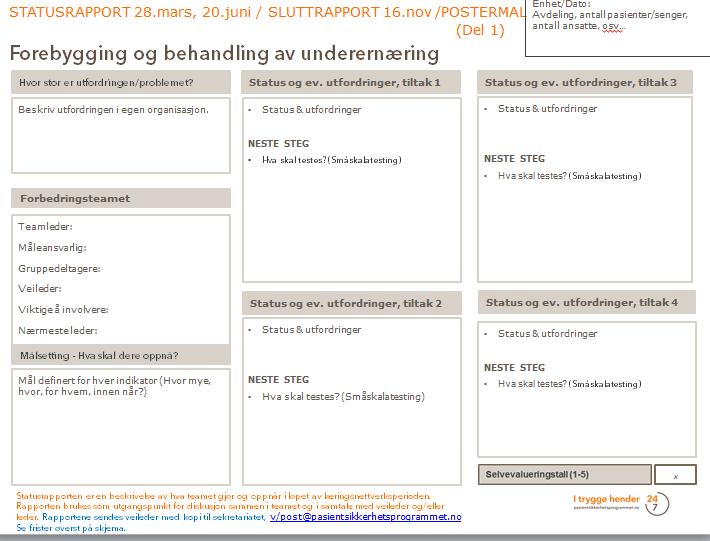 Statusrapport FORMÅL Reflektere rundt fremdrift i din virksomhet Dele dine erfaringer med andre team Forberede gruppediskusjon under samling to Gi arrangørene av læringsnettverket informasjon om