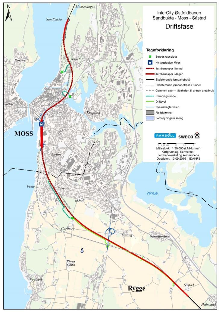 Dette er prosjektet: 10 km nytt dobbeltspor gjennom Moss and Rygge 2 nye tunneler: - 2,7 km dobbeltsporet tunnel