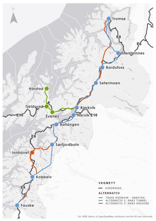 Beskrivelse av området for Nord-Norgebanen Nordland og Troms har en rekke små og store havner.