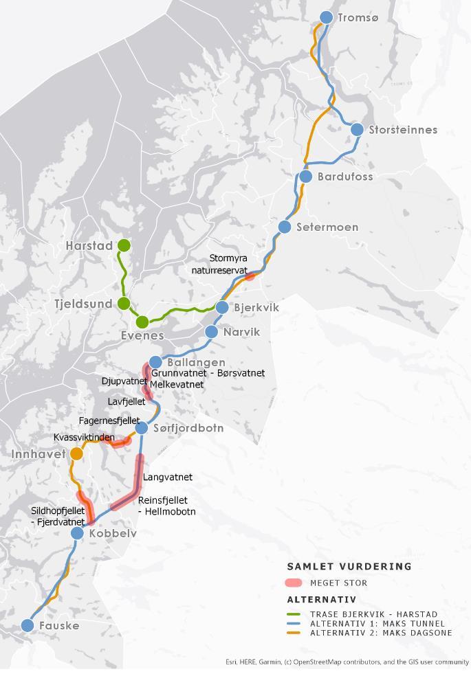 Klima, miljø og samiske interesser I Vestre korridor har følgende områder meget stort konfliktpotensial: Sildhopfjellet-Fjerdvatnet Fagernesfjellet Kvassviktinden Lavfjellet Melkevatnet Djupvatnet