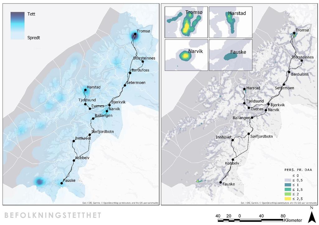 Beskrivelse av området for Nord-Norgebanen Figur 3 viser hvor det er høyest befolkningstetthet langs traséen. Befolkningstettheten er høyest i Bodø og Tromsø, deretter Harstad og Narvik.
