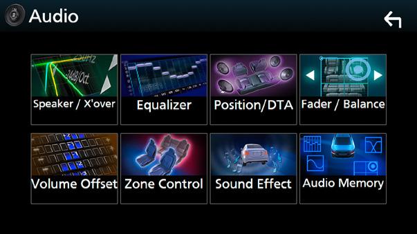 Lydkontroll Lydkontroll Du kan justere de ulike innstillingene, slik som lydbalanse eller subwoofernivå. 1 Trykk på [MENU]-tasten. hhoppsprettmenyen vises. 2 Trykk [Audio].