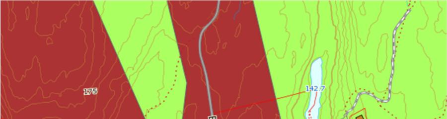 12 Figur 5. Det meste av berggrunnen består av amfibolitt (rødt) mens granat-muskovittgneis finnes i nord (grønt). 3.