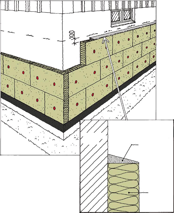 1 KJELLER- STØPT FALL 4 Monter isolasjonen. Vi anbefaler en tykkelse på minst 80 mm. Start nedenfra og plasser det første laget med plater på betongplatens mørtellag.