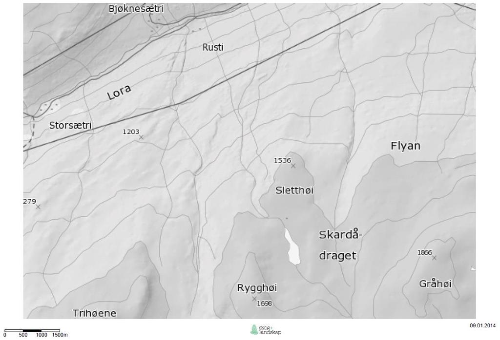 Figur 1. Kart over området. Vurdering Søknaden gjeld bruk av snøskuter i Reinheimen nasjonalpark. Saka må behandlast etter verneforskrifta for Reinheimen nasjonalpark 3, pkt. 6.3 b) og e).