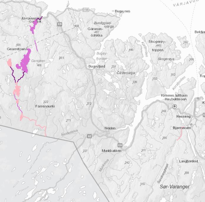 Kilde: NVE Atlas 7. desember 2018. Bildet viser vannkraftpåvirkninger med størst påvirkningsgrad i vannområde Neiden.