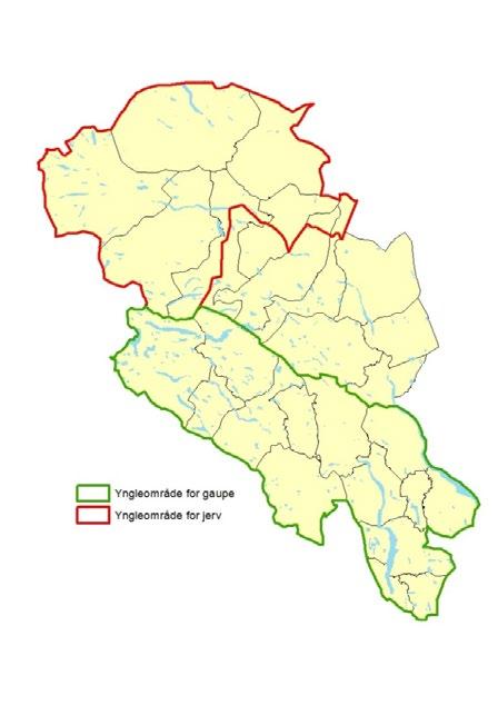 Forvaltningssoner i Oppland og Hedmark Yngleområde for gaupe Yngleområde for jerv Blått område Grønt område Ulvesonen OPPLAND I forvaltningsplanen for rovvilt i Oppland fra 2012 er fylket delt i tre.