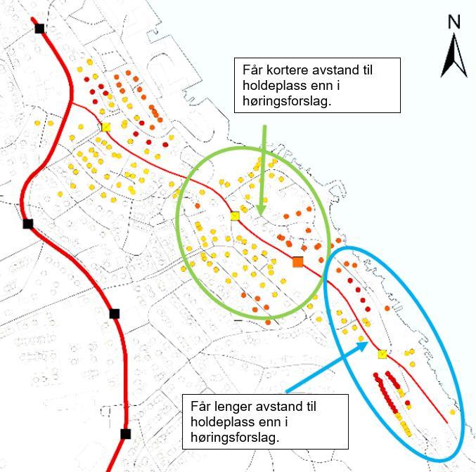 Endringsdokument Side 11 Ved foreslått flytting vil dette bedres for noen, men flere vil også få enda lenger avstand til holdeplass en i høringsforslaget.