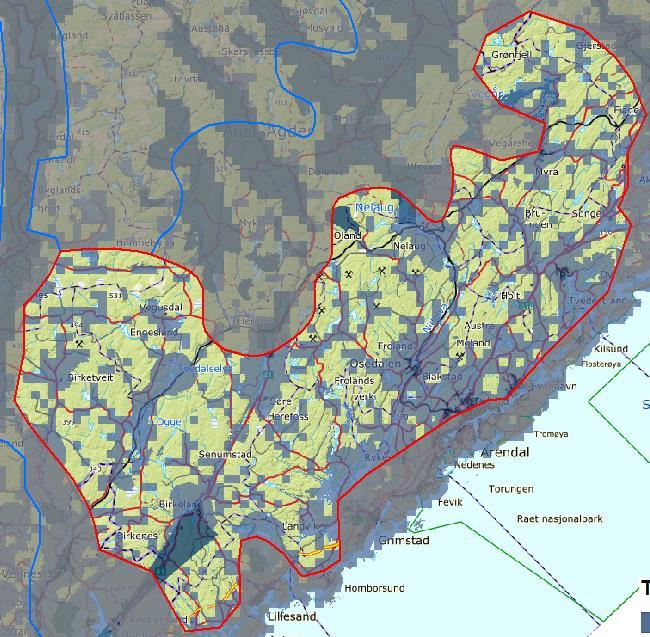 Også de indre bygdene er det store områder med skog av høy og særs høy bonitet. Landbruk og skogsdrift utgjør en sentral del av den menneskelige påvirkningen. Figur 1: Kart over analyseområde 10.