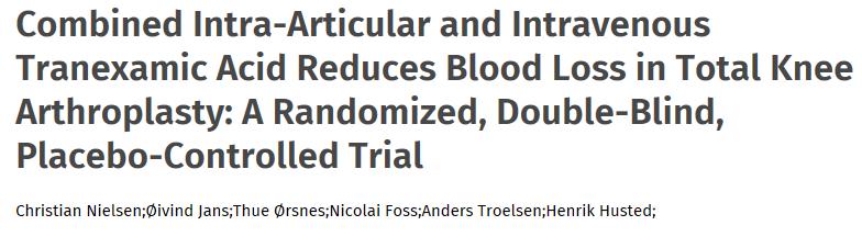 - RCT, 60 pasienter - 30 fikk 1 g Txa iv preop og 3 g Txa blandet i 100 ml Nacl / 30 fikk 1 g Txa iv preop - «Fast track-surgery» Spinal, benplugg i femur kanalen, ikke tourniqet, LIA 150 ml
