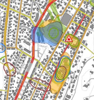 Figur 6: Utsnitt, temakart barnetråkk i Sarpsborg sentrum 2016, Ny sentrumsplan (2019) Sarpsborghallen og området rundt er markert som: baderområde, fine steder barn liker, snarveier og lekeområde.