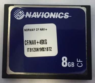 NAVIONICS kartbrikker som selges i 2016: Til venstre vanlig SD-brikke som har Micro-SD montert inn i SD-adapteren. Dermed kan den brukes til både eldre og nye plottere. Til høyre CF-brikke; ca.