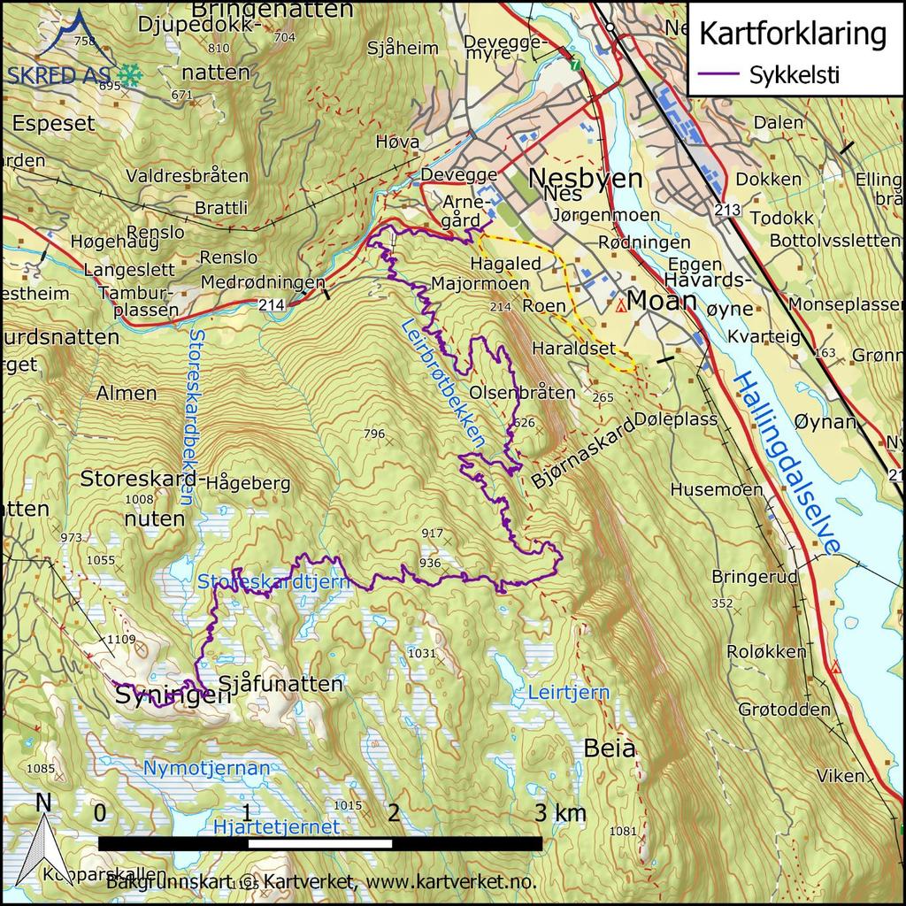 Figur 1: Kartutsnitt over planlagt sykkelsti mellom Nesbyen og Syningen. 1.2 Mål Skred AS er bedt om å utføre en skredfarevurdering for området vist i Figur 1.