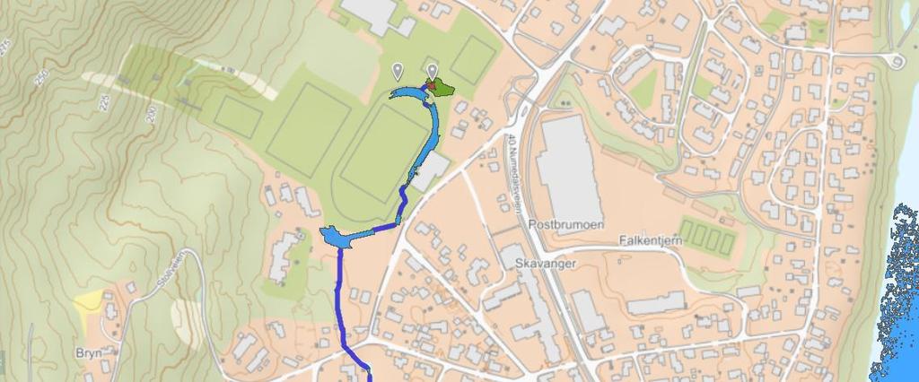 Figur 19: Eksisterende flomvei, med overflatetiltak. «Scalgo» Grov analyse antyder at med terrengjusteringer på ca.