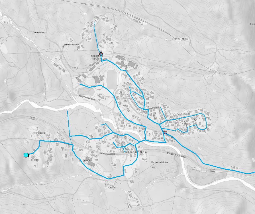 NOTAT Figur 4 Forslag til ringstruktur (di 150 mm) som kan sikre preakseptert ytelser (50 l/s) for slokkevann i nordre del av Saggrenda-sonen.