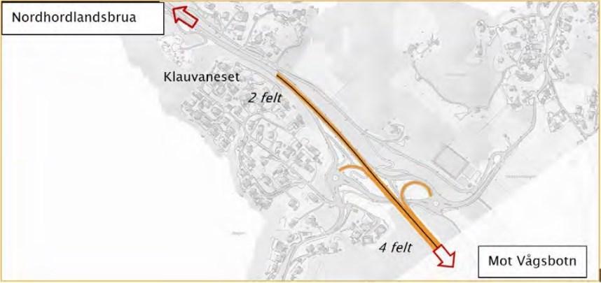 to-plankryss ved Tellevik. Så lenge Nordhordlandsbrua bare har to kjørefelt vil dette krysset da fungere som overgang mellom to og fire felt.