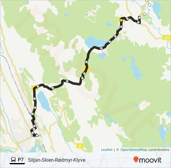 Retning: Skien Terminal 24 stopp VIS LINJERUTETABELL P7 buss Rutetabell Skien Terminal Rutetidtabell Mandag Siljan Bibliotek Opdalsveien 16, Norway Siljan Skole Sentrumsveien 105, Norway