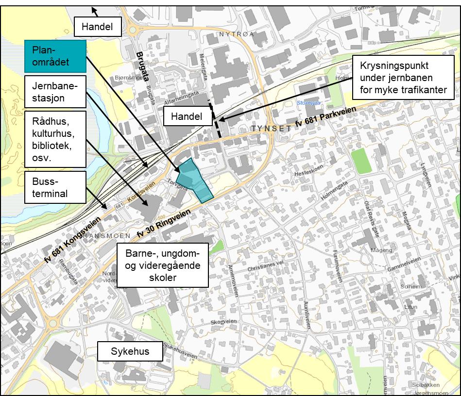 2. DAGENS SITUASJON 2.1. Planområdet Planområdet er plassert sentralt i Tynset sentrum, rett nord for Rådhuset og kun kort avstand fra Jernbanestasjon/busstasjon.