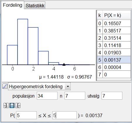 34 = 5 379 66 7, som vi finner slik i CAS: Antll måter å krysse v på er d ( ) Lottotrekningen skjer uten tilkelegging, så vi