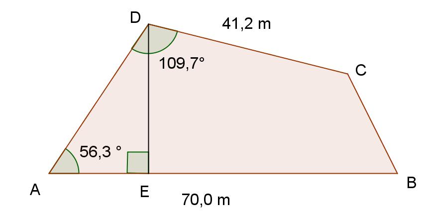 Oppgave 7 I firkant ABCD er AB 70,0 m linjestykket AB i forholdet :5. og CD 41, m, A 56,3 og D 109,7. Punkt E deler a) Finn ADE.