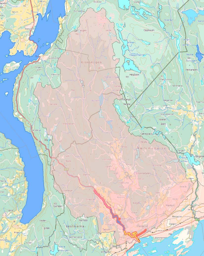 Beskrivelse av nedbørfeltet til Sandvikselva Nedbørfeltet til Sandvikselva ligger hovedsakelig i Bærum, Hole og Ringerike kommuner. Feltegenskapene er som gitt i tabell 1.