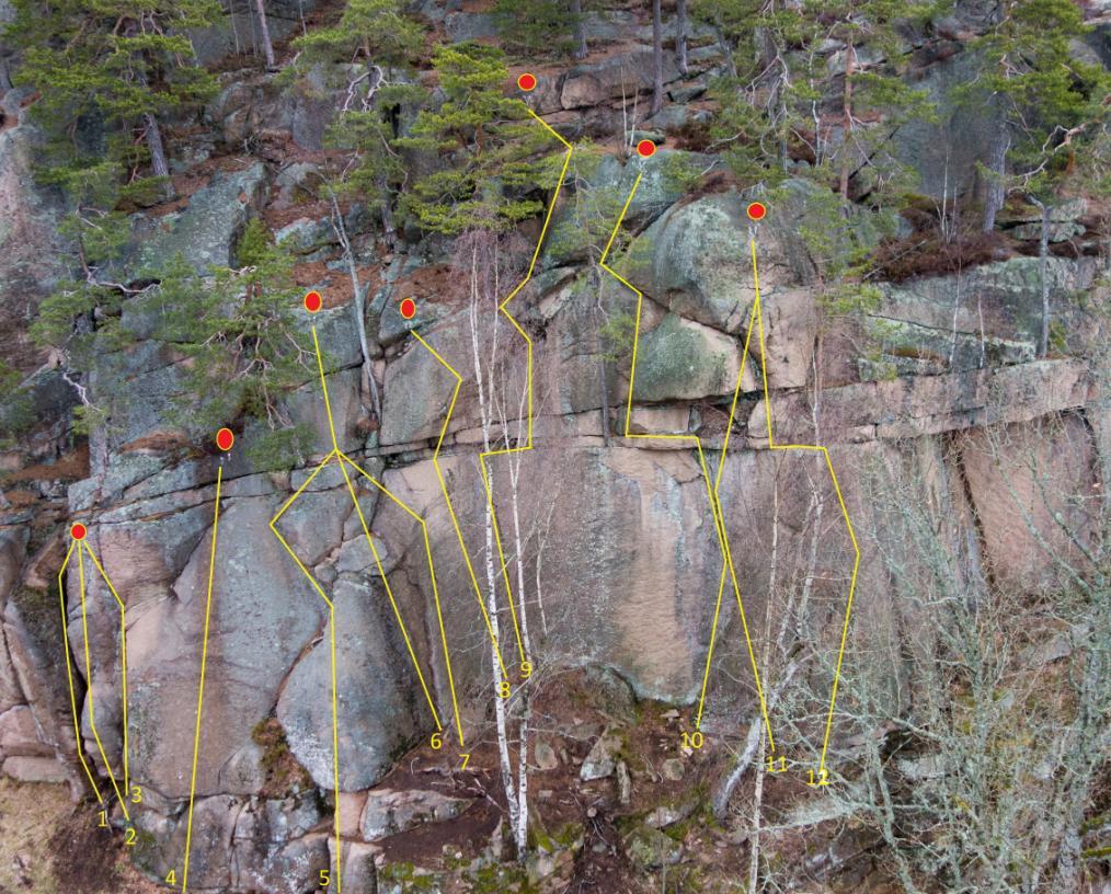 SEKTOR ARNEVEGGEN ( MELLOM VEST OG HJØRNEVEGGEN) 1 KAMIN 6- Nat. Jan Petter Brenfelt 2013. Kjeitete klatring i kamin. 2 HANDA PÅ KANTEN 6- BB. Fjernet da noen hærpa ruta 1/9-2018.