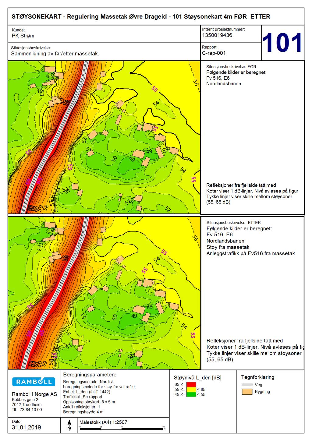 Figur 4 Sammenligning av støy ved nærmeste nabo før og etter. 4m over terreng. Figur 4 viser en sammenligning av støy ved nærmeste naboer.