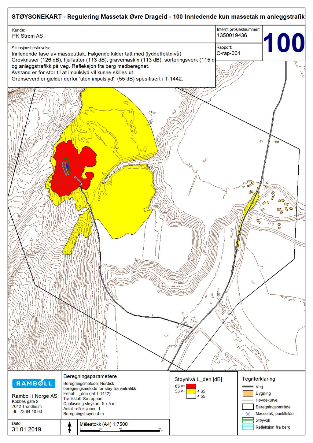 4. RESULTATER Resultatene er presentert i form av støysonekart med rød, gul og hvit sone iht. T-1442.