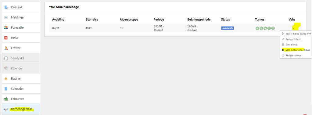 15. Oppsigelse mottatt skriftlig Finn barnet frem ved å klikke på navnet. Velg Barnehageplass Klikk på dato og velg i klanderen som fremkommer den riktige dato for slutt.