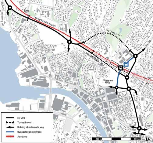 Mellom Veumveien frem til Brochs gate er det tre alternative løsninger forbi nye Fredrikstad stasjontt på Grønli.