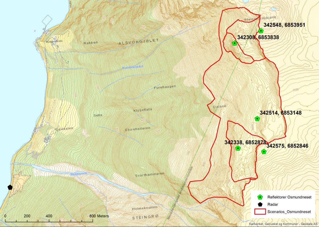 Kart som syner plassering av dei fem reflektorane ved Osmundnes Dette er ei litt spesiell sak.