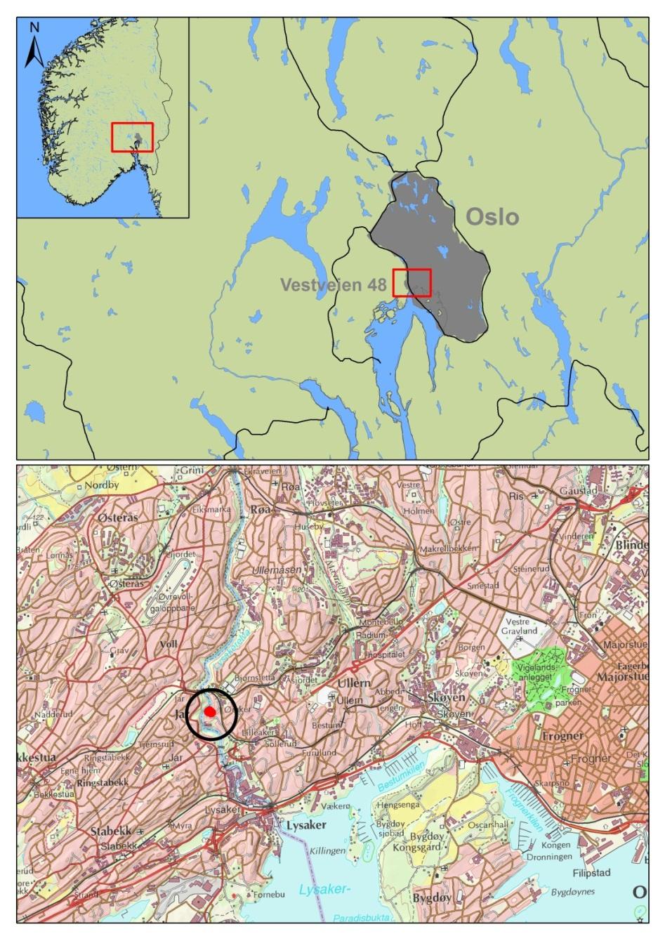 3. LANDSKAPET - FUNN OG FORNMINNER Lokaliteten lå ca.55 moh. på et lite høydedrag like sørøst for Lysakerelven, og mellom elven og Vestveien (se Figur 1 og Figur 2).