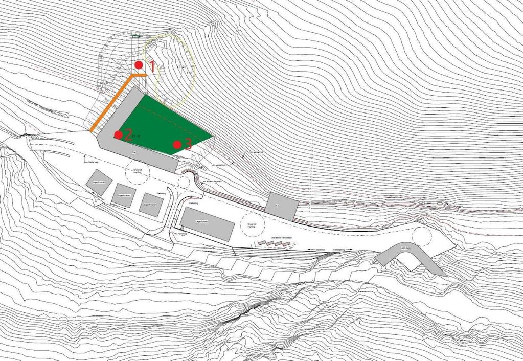 Figur 2 Situasjonsplan over regulert område hvor moloen er plassert vest for kaien [2]. De røde merkene markerer hvor bølgehøydene er estimert.