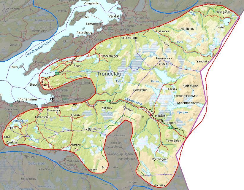 Innledende beskrivelse av området AREAL: 3792 km 2 KOMMUNER: Selbu, Klæbu, Malvik, Stjørdal, Levanger, Verdal, Meråker, Tydal, Trondheim.