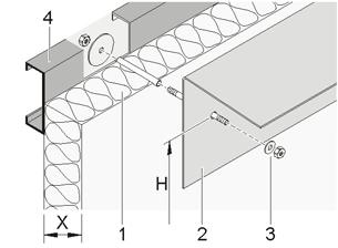Avstandsrør og gjengebolt med mutter og skive 1) Lett betongvegg 2)