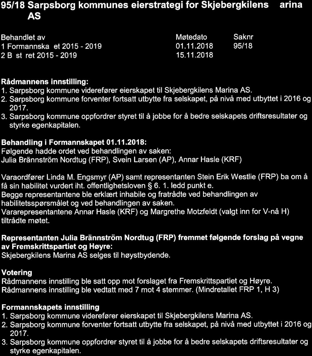 95/18 Sarpsborg kommunes eierstrategi for Skjebergkilens arina AS 1 Formannska et 2015-2019 2 B st ret 2015-2019 01. 11.2018 15. 11.2018 95/18 Rådmannens innstilling: 1.