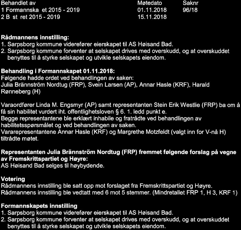 96/18 Sarpsborg kommunes eierstrategi for AS Høisand Bad 1 Formannska et 2015-2019 2 B st ret 2015-2019 01. 11. 2018 15. 11. 2018 96/18 Rådmannens innstilling: 1.